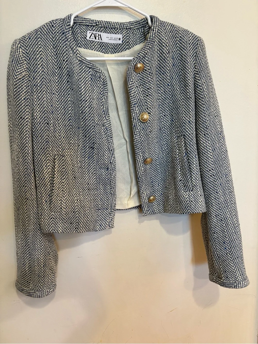 Zara Women's Herringbone Cropped Jacket in Blue & White size small